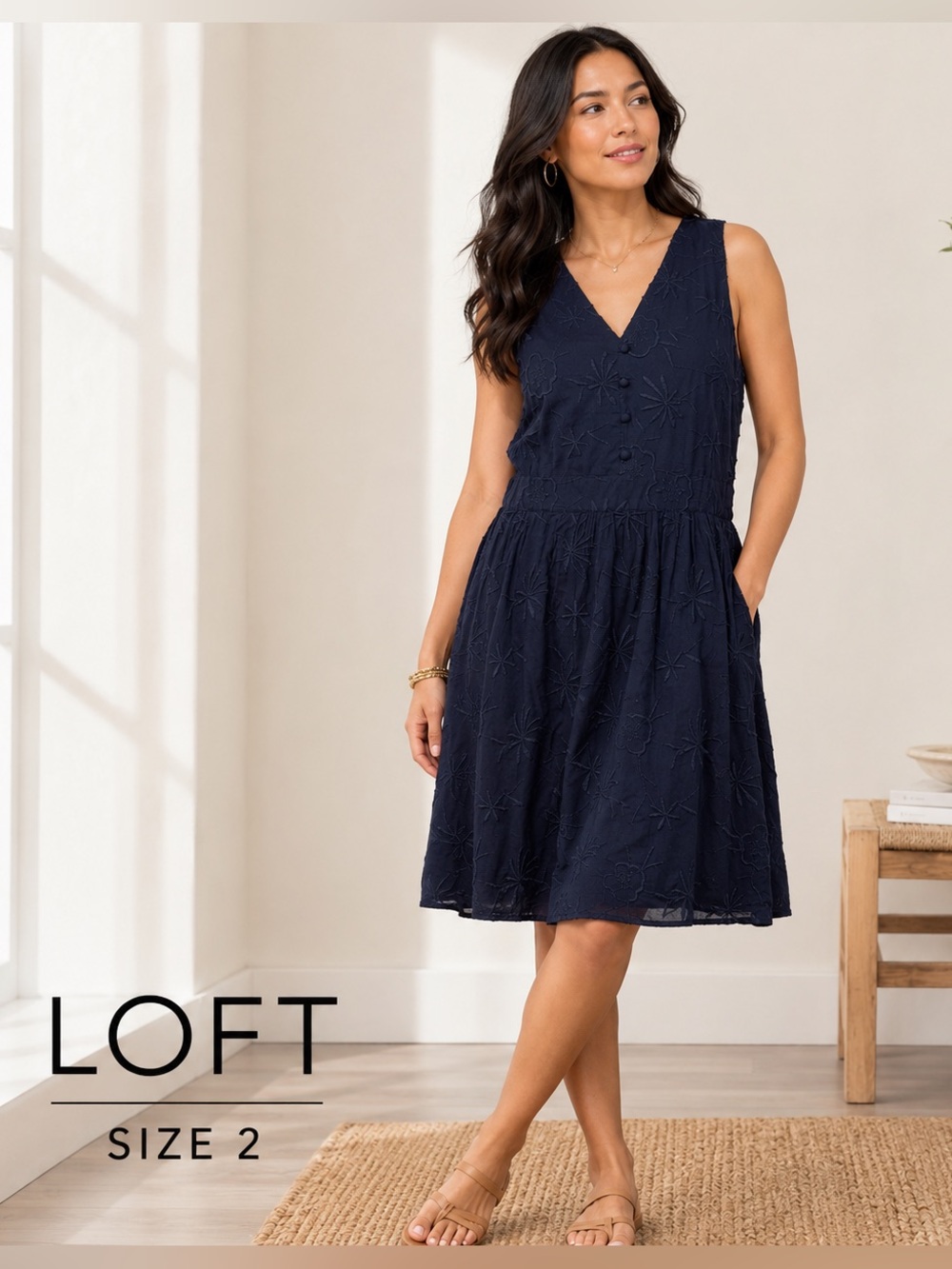 LOFT Navy Embroidered Sleeveless Fit & Flare Dress Size 2 Floral Textured